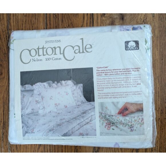 Vtg JP Stevens Cotton Cale Twin Flat Sheet Baby Iris White Purple Floral NOS - Picture 4 of 6